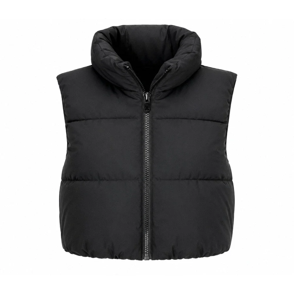 NWT MEROKEETY Black Cropped Puffer Vest L Zip Mock Neck Quilted Lightweight